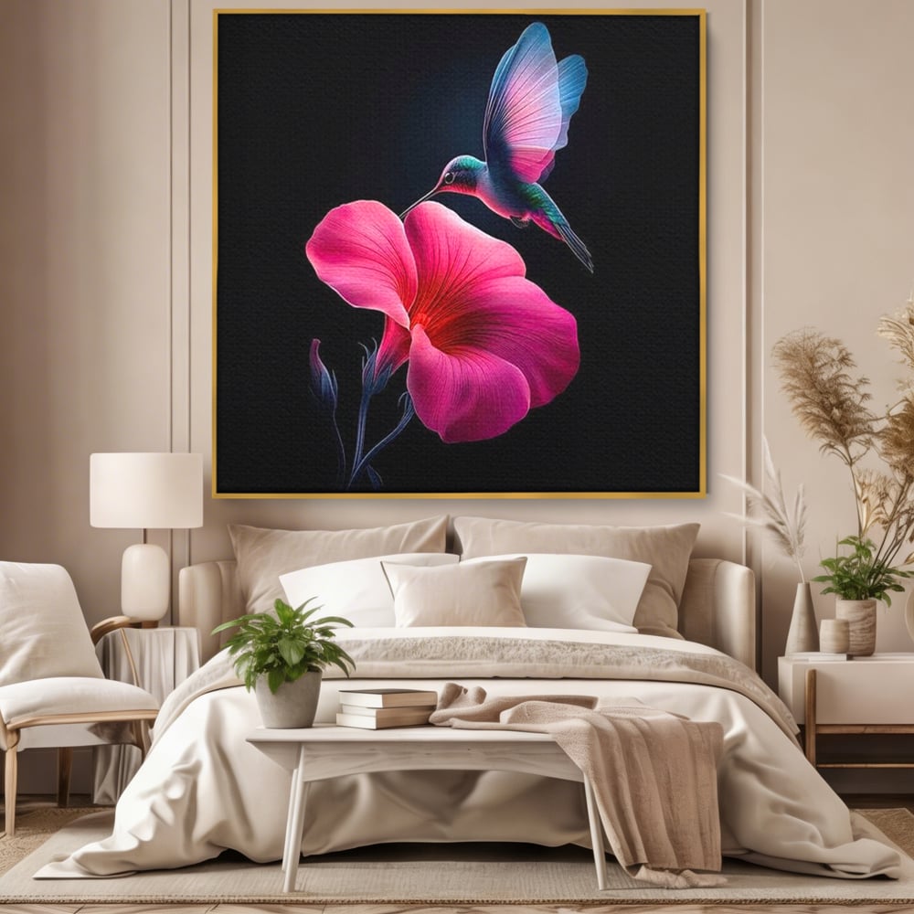 Tablou canvas cu ilustratie digitala cu colibri si floare roz, in rama de aluminiu auriu, pe perete intr-un dormitor